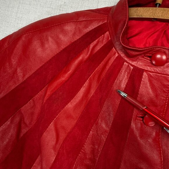 Vintage 80s Red Leather Suede Panel Jacket Batwing Button Front Bomber Size 36 - Picture 9 of 14
